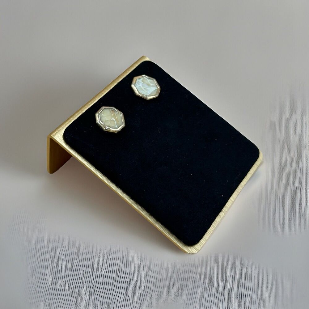 Octagon Stud Earrings Natural Cracked Shell Inlay Gold Tone Minimalist Geometric